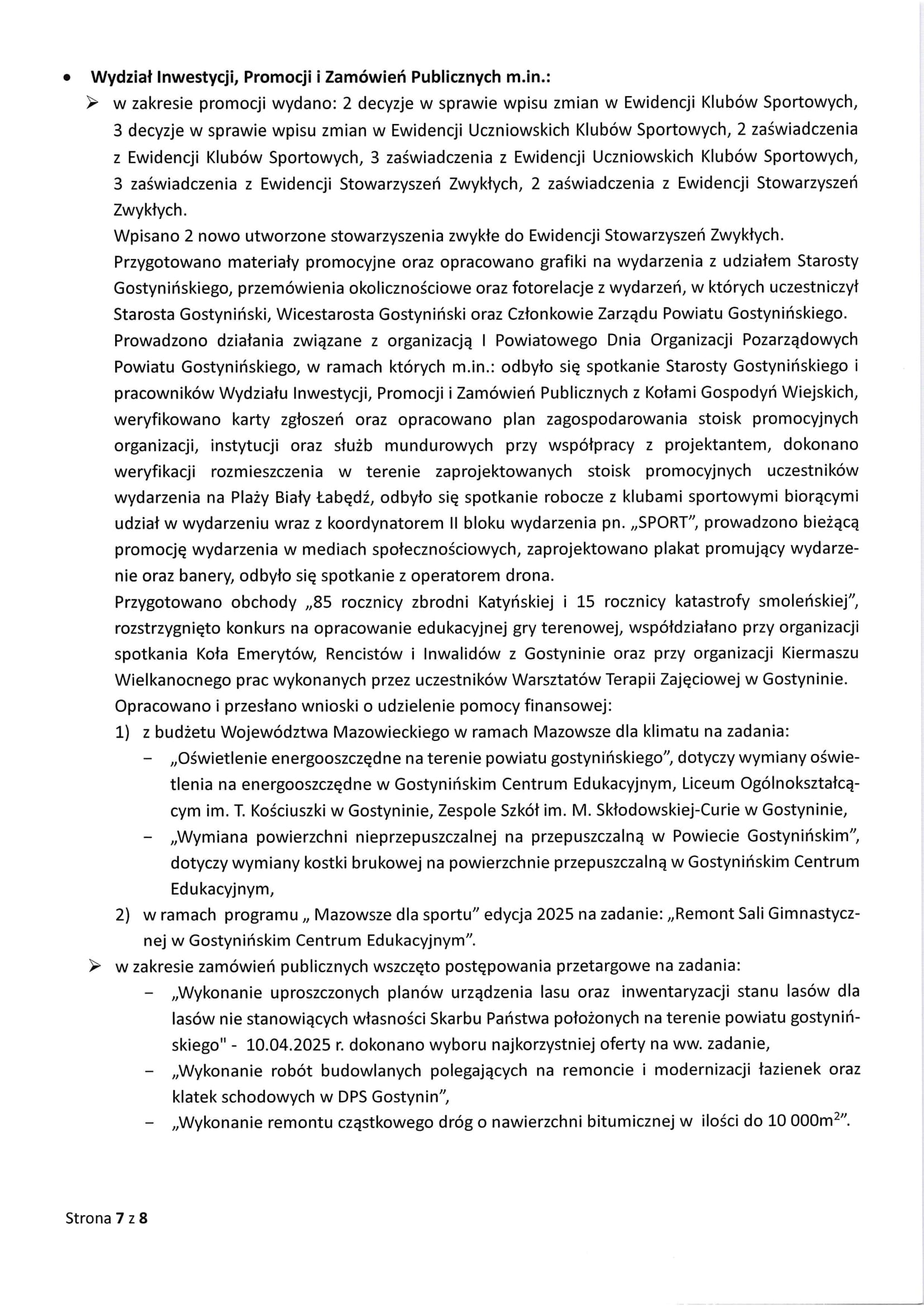 Sprawozdanie Starosty Gostynińskiego z wykonania Uchwał Rady Powiatu Gostynińskiego i prac Zarzadu Powiatu w okresie od dnia 20 marca 2025 r. do dnia 23 kwietnia 2025 r. 7